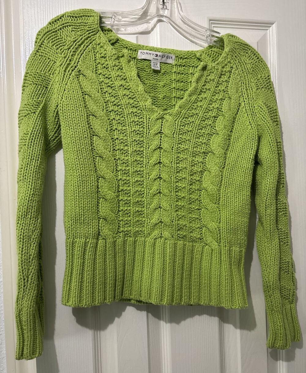 Vintage Y2K Tommy Hilfiger Lime Green Cable Knit Sweater Petite S